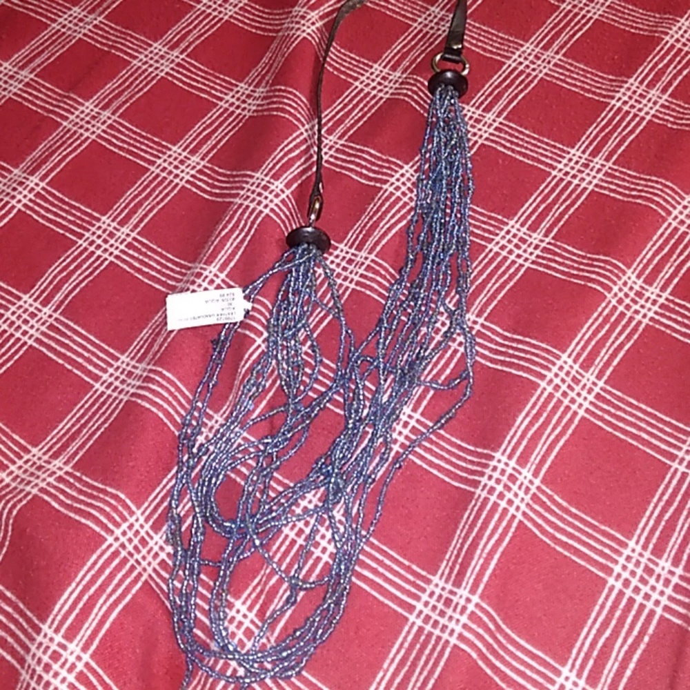Brown leather and blue beaded necklace
